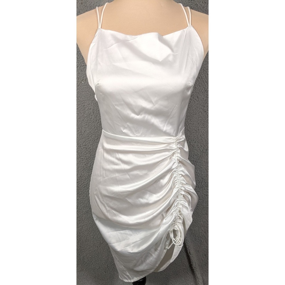 Bodycon Satin Mini Dress S White Ruched Asymmetrical Hem Party Bridal Feminine